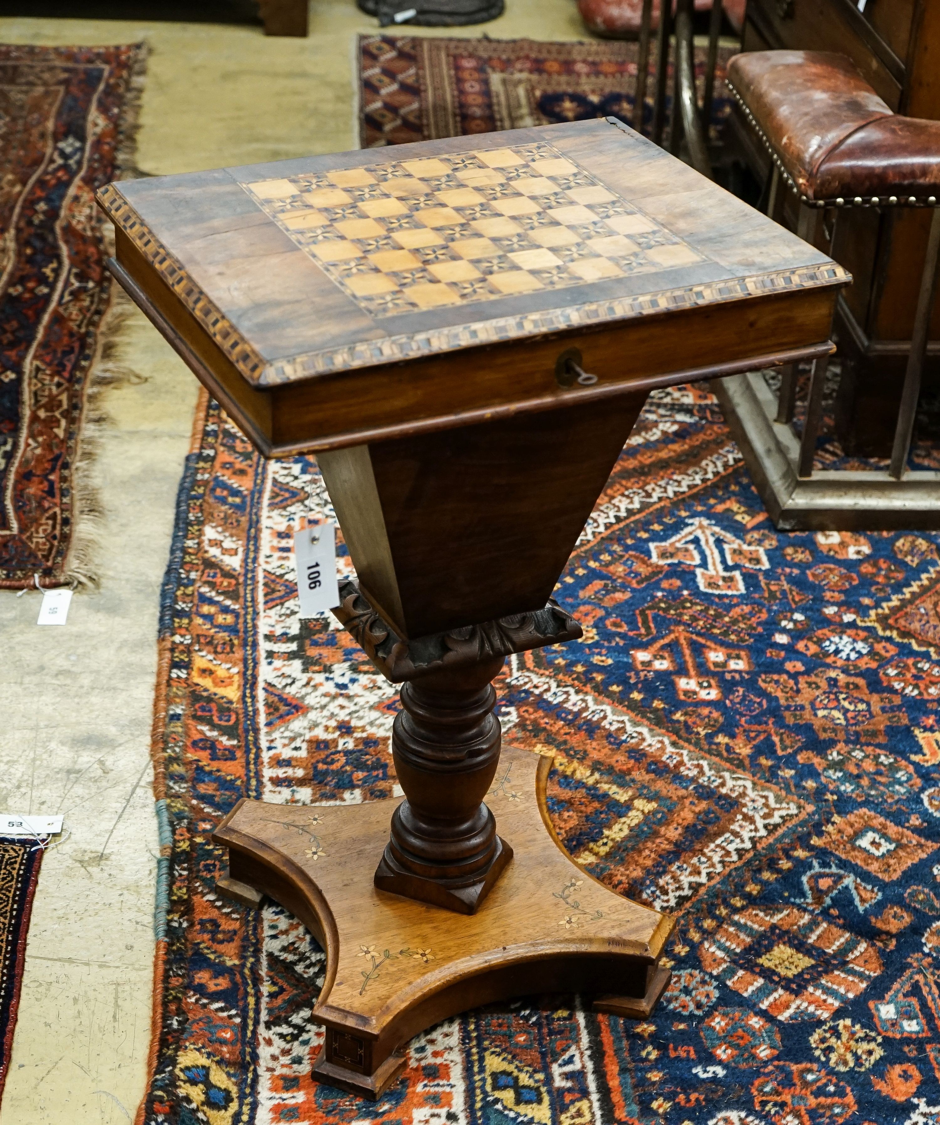 A Victorian parquetry inlaid walnut games / work table, width 48cm, depth 37cm, height 70cm